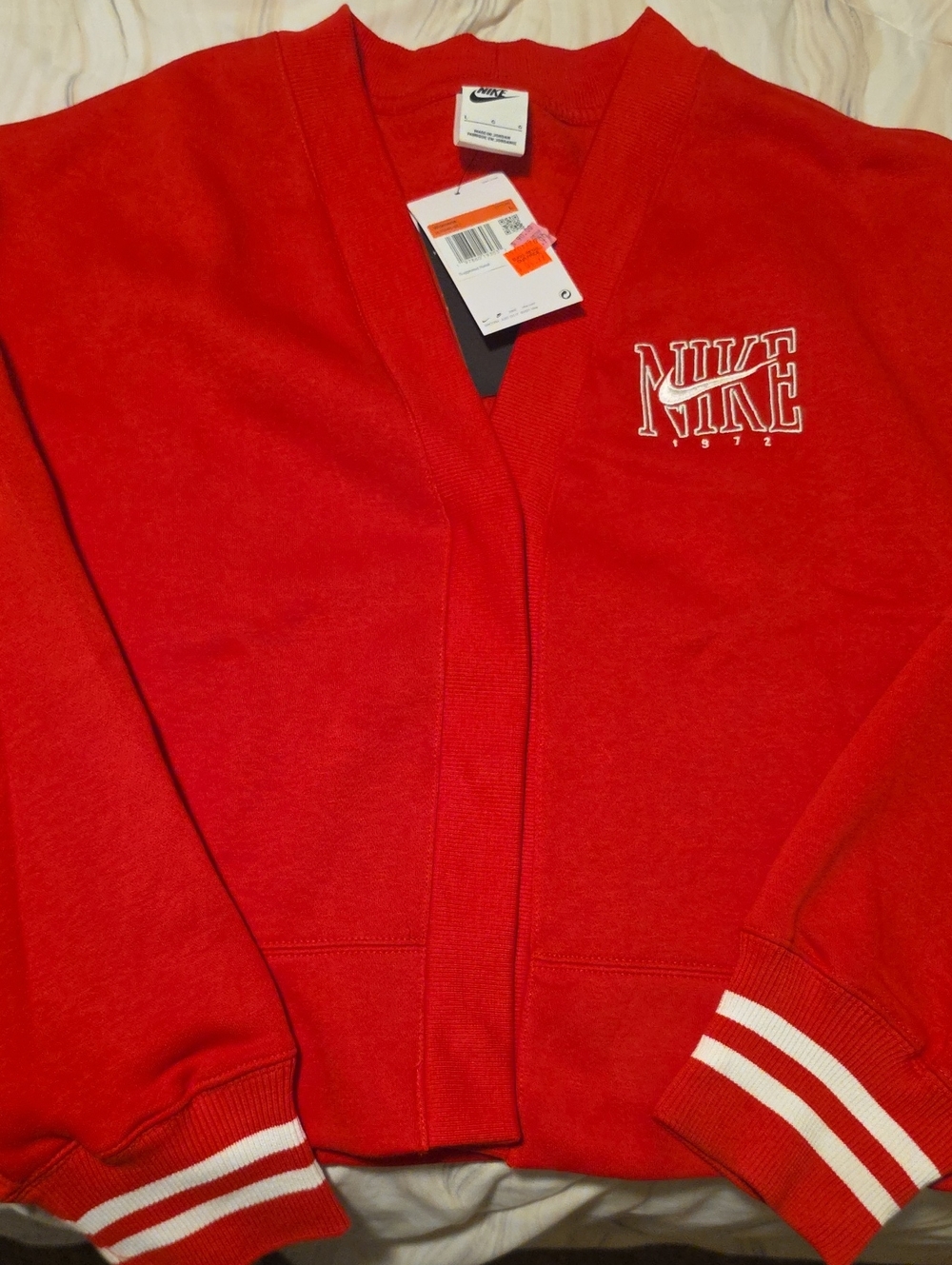 Nike Red Cardigan Sweater with White Stripe Cuffs